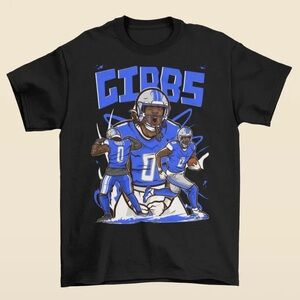 NEW Jahmyr Gibbs Cartoon Style Detroit Football T-Shirt